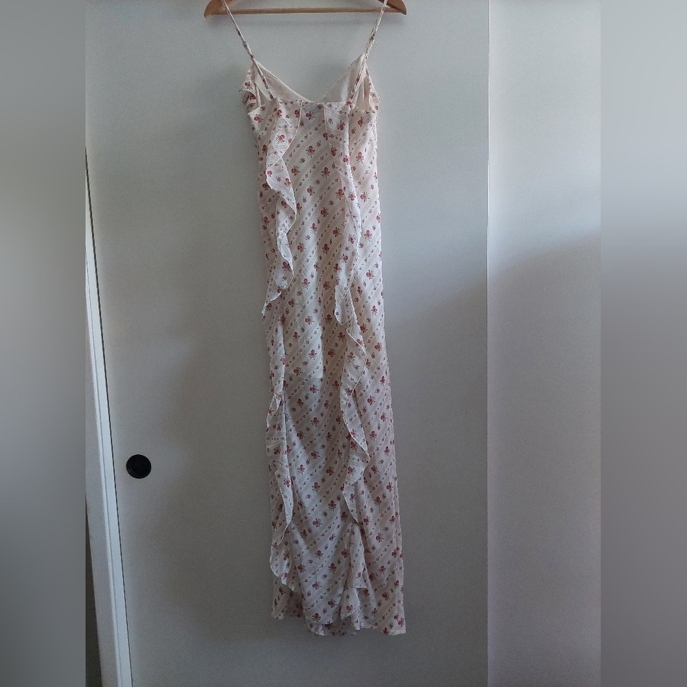 90s Y2K Ditsy Floral Ruffle Maxi Dress Spaghetti Straps Cream Bohemian Boho - Picture 6 of 7